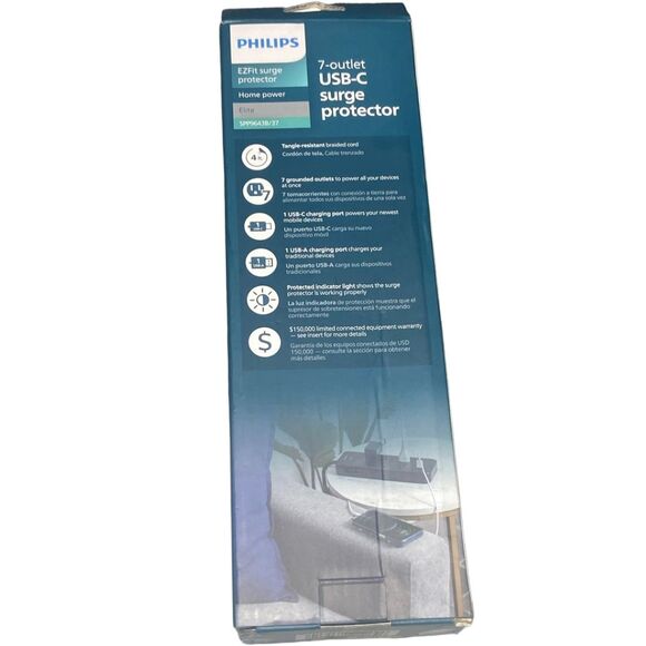 Philips 7 Outlet Surge Protector Power Strip USB Charging 4ft Cord Black - Picture 4 of 8